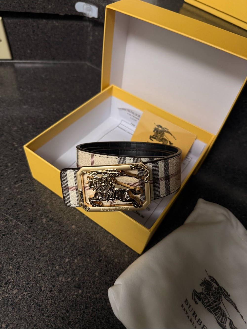 Burberry Beige Check Canvas Belt with Gold Knight Buckle